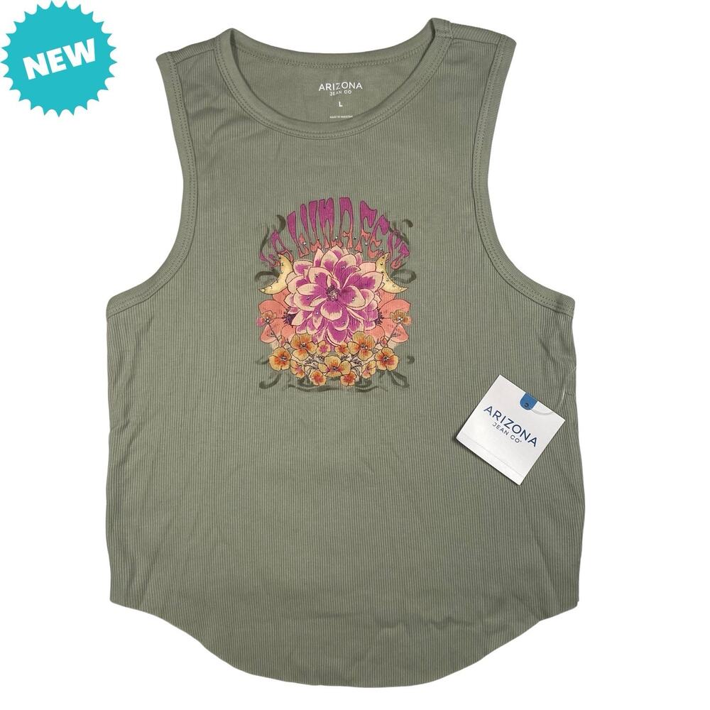 NWT Arizona Jean Co Tank Top Juniors Size L La Luna Fest Green Floral Graphic